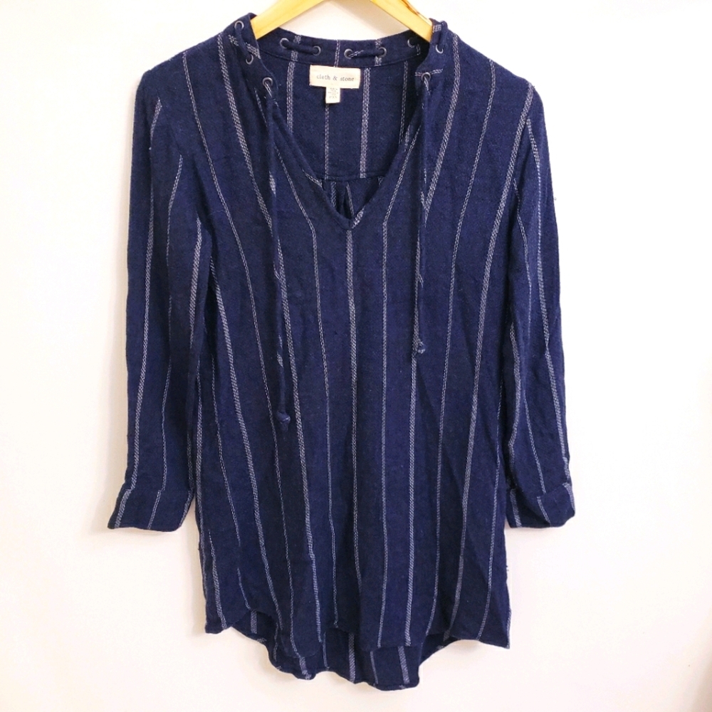 Cloth & Stone Navy Blue Striped V-neck Tunic Top, PXS